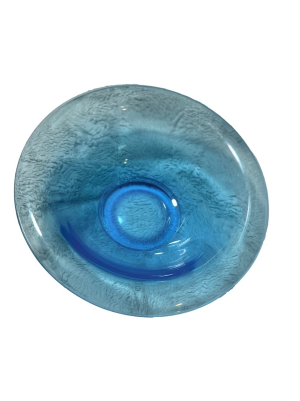 Vintage art glass centerpiece bowl wide rolled rim 10”￼Blue Glass